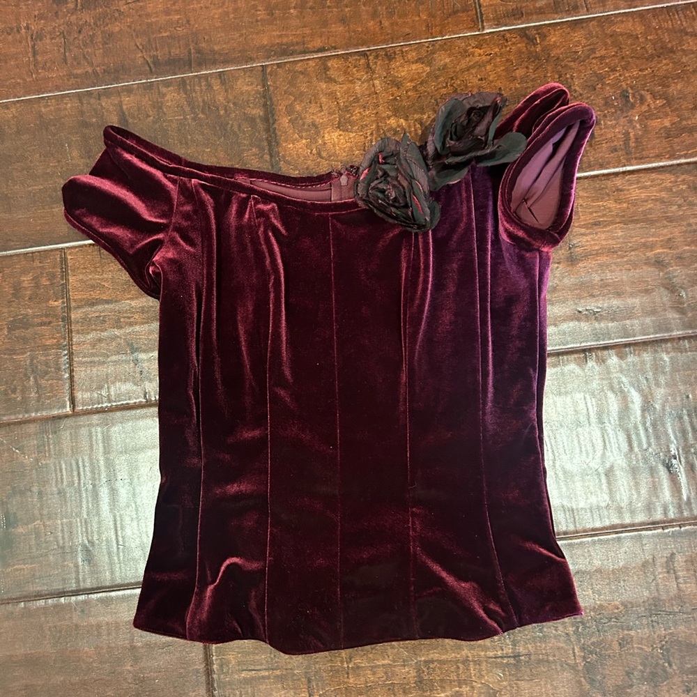 Alex Evenings Burgundy Velvet Corset Bustier with Flower Aplique